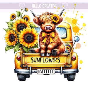 Sunflower Highland Cow PNG, Sunflowers Clipart, Highland Cow Flowers PNG, Sunflower Truck Clipart, Sublimation Design, PNG Digital Download