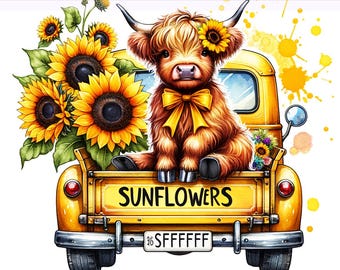 Sunflower Highland Cow PNG, Sunflowers Clipart, Highland Cow Flowers PNG, Sunflower Truck Clipart, Sublimation Design, PNG Digital Download