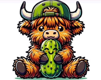 Vaca Highland PNG con eneldo, vaca sarcástica y gruñona con sombrero de pepinillo, vaca Highland PNG, vaca linda, diseño de sublimación, descarga digital PNG