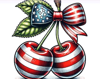 America Cherries PNG, Cherry Png, Cherries with Bow, Coquette Cherry PnG, July 4th PNG, Sublimation Design, PNG Digital Download