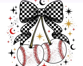 Cherries with Bow, Checkered Baseball Cherries Coquette Bow Png, Baseball png, Game Day Baseball, Sublimation Design, PNG Digital Download