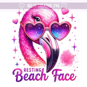 Puede incluir: Flamenco rosa con gafas de sol de purpurina y el texto "Resting Beach Face" en letras de purpurina rosa.