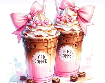 Eiskaffee Girly PNG, rosa Kokette Clipart, Eiskaffee PNG, Kokette Schleife Png, Kaffee Latte, Sublimationsdesign, PNG digitaler Download