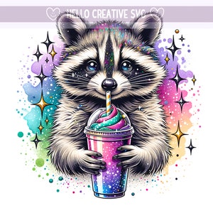 Clipart raton laveur, mignon raton laveur PNG, raton laveur avec café glacé Png, café mignon Png, rester poubelle Png, conception par sublimation, téléchargement numérique PNG