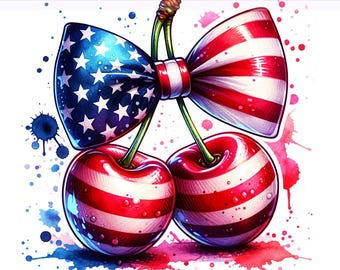 America Cherries PNG, Cherry Png, Cherries with Bow, Coquette Cherry PnG, July 4th PNG, Sublimation Design, PNG Digital Download
