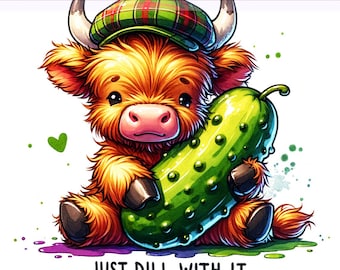 Vaca de las Tierras Altas PNG, Vaca con Sombrero de Pepinillo Sarcástico y Gruñón, Vaca de las Tierras Altas PNG, Vaca Linda, Diseño de Sublimación, Descarga Digital PNG