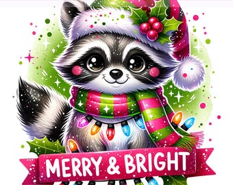 Merry and Bright Raccoon Png, Tangled Christmas Lights, Christmas PNG, Holiday Raccoon PNG, Sublimation Design, PNG Digital Download