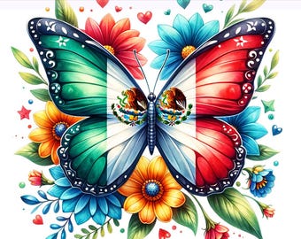 Mexico Butterfly Png, Patriotic Png, Mexican Flag Png, Flowers Png, Mexican Flag Butterfly, Sublimation Design, PNG Digital Download