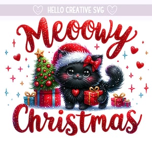Chat de Noël miaou Png, chat noir, Noël PNG, Clipart Noël, arbre de Noël PNG, sublimation Design, téléchargement numérique PNG