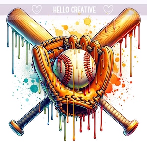 May include: Baseball-themed illustration featuring a baseball, glove, and two crossed bats. The design includes colorful paint drips and the text "HELLO CREATIVE". The baseball is white with red stitching, and the glove is brown.