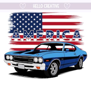 May include: A blue classic car illustration with black stripes, set against a stylized American flag background. The word "AMERICA" is displayed in bold letters with a patriotic design. The image has the text "HELLO CREATIVE".