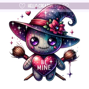 Peut inclure: Illustration fantaisiste d'une poupée sorcière avec un corps en forme de cœur. La poupée porte un chapeau de sorcière étoilé avec un ruban rouge et une fleur. Le cœur dit "BE MINE". La poupée tient deux petits balais et a de grands yeux violets.
