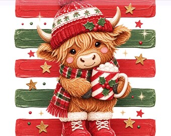 Krowa szkocka na Boże Narodzenie, Preppy Highland Cow PNG, Prezenty świąteczne, Czerwona kokietka świąteczna PNG, Projekt sublimacji, Pobieranie cyfrowe PNG