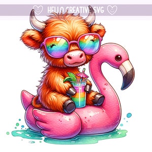 May include: A cartoon Highland cow wearing rainbow sunglasses and holding a tropical drink sits on a pink flamingo pool float in a blue pool.