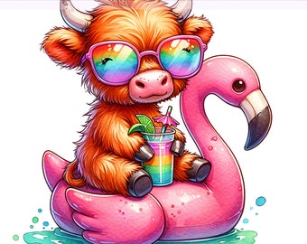 Cute Highland Cow PNG, Flamingo Png Clipart, Highland Cow Clipart PNG, Summer Highland, Heifer png, Sublimation Design, PNG Digital Download