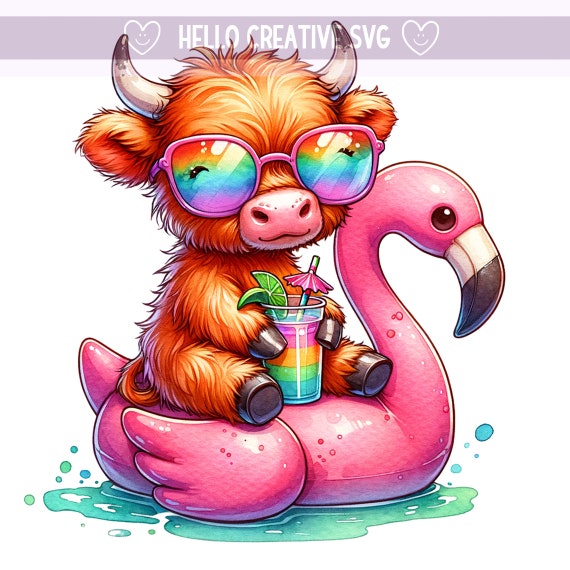 Cute Highland Cow PNG, Flamingo Png Clipart, Highland Cow Clipart PNG, Summer Highland, Heifer png, Sublimation Design, PNG Digital Download