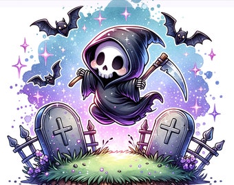 Spooky Grim Reaper PNG, Cute Halloween Grim Reaper PNG, Spooky Graveyard Clipart, Halloween, Sublimation Design, PNG Digital Download