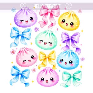 Può includere: Un'illustrazione digitale che presenta molteplici gnocchi rotondi in stile kawaii con volti espressivi, intervallati da vari nastri color pastello e piccoli fiori. Il testo HELLO CREATIVE appare nella parte superiore centrale.