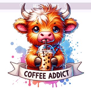 Highland Cow Drinking Iced Coffee, Heifer Cow, Highland Cow Clipart, Iced Coffee, Coffee Addict, Sublimation Design, PNG Digital Download