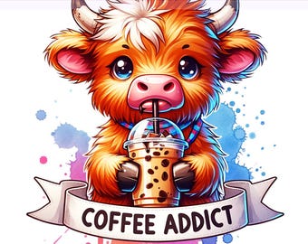 May include: A cartoon illustration of a brown and white Highland cow with a pink nose, drinking a brown iced coffee beverage with a straw. The cow is wearing a blue and white scarf. The background is a watercolor wash of blue, pink, and purple. The text "COFFEE ADDICT" is on a white banner.