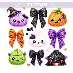May include: A collection of glittery Halloween-themed stickers featuring kawaii characters including a purple witch, a pumpkin, a white ghost-like figure, a green monster, and a vampire, alongside black, orange, and purple bows and small icons.