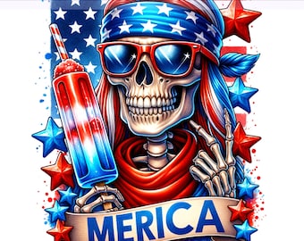Merica PNG, Fourth of July Skeleton Clipart, Patriotic Skeleton PNG, July 4th Usa Flags, Sublimation Design, PNG Digital Download