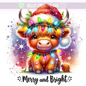 メリー＆ブライトPng、クリスマスPNG、クリスマスハイランド牛、ハイランド牛PNG、クリスマスライト、昇華デザイン、PNGデジタルダウンロード