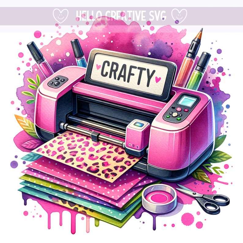 May include: A pink crafting machine with a screen that says "CRAFTY" and a stack of colorful patterned paper underneath. The machine is surrounded by watercolor splatters and craft supplies like markers and scissors.