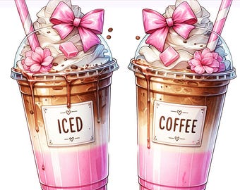 Eiskaffee Girly PNG, rosa Kokette Clipart, Eiskaffee PNG, Kokette Schleife Png, Kaffee Latte, Sublimationsdesign, PNG digitaler Download