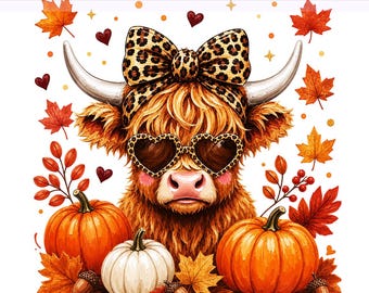 Highland Cow Fall PNG, Autumn Pumpkin Bow Brushstroke Leaves, Heifer Png, Spooky Fall Cow, Sublimation Design, PNG Digital Download