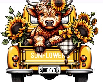 Sunflower Highland Cow PNG, Sunflowers Clipart, Highland Cow Flowers PNG, Sunflower Truck Clipart, Sublimation Design, PNG Digital Download