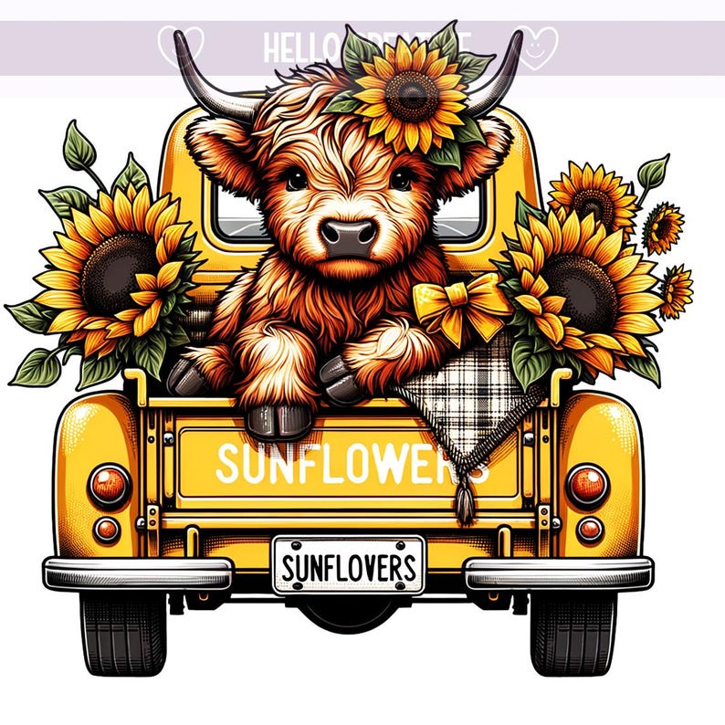 May include: A yellow vintage pickup truck with a Highland cow wearing a sunflower crown in the bed. The truck has the words "Sunflowers" written on the back and a license plate that says "Sunflowers".