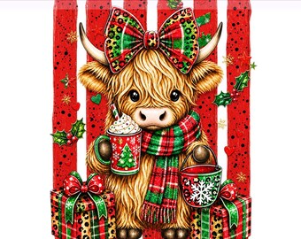 Krowa szkocka na Boże Narodzenie, Preppy Highland Cow PNG, Prezenty świąteczne, Czerwona kokietka świąteczna PNG, Projekt sublimacji, Pobieranie cyfrowe PNG