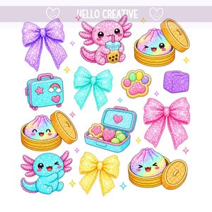 Può includere: Una collezione di adesivi glitterati con un fiocco viola, un axolotl rosa con bubble tea, ravioli arcobaleno in cestelli di bambù, una valigia blu, un fiocco turchese, un'impronta di zampa, un cubo viola, un fiocco rosa e un portapranzo blu con snack.