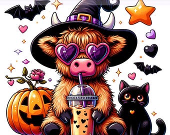 Cute Highland Cow PNG, Hay Fall Png Clipart, Highland Cow Halloween, Black Cat, Heifer png, Sublimation Design, PNG Digital Download