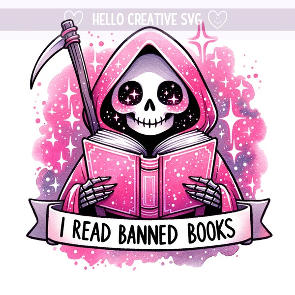 I Read Banned Books PNG, Book Reader Clipart, Grim Reaper Clipart, Reading PNG, Skeleton Reading, Sublimation Design, PNG Digital Download