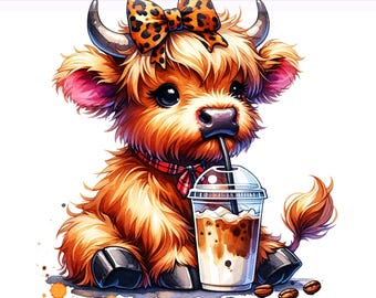 Kaffee Highland Kuh Png, Färse Kuh, Kaffee PNG, Eiskaffee PNG, süße Highland Kuh Clipart, Sublimationsdesign, PNG digitaler Download