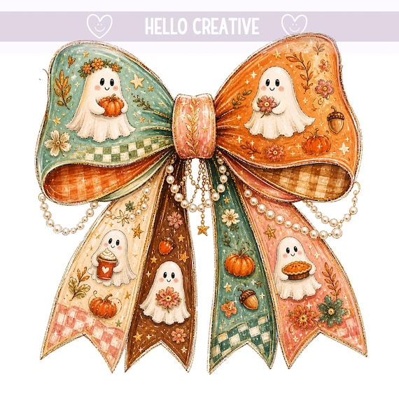Thanksgiving Fall Ghost Bow PNG, Autumn Pumpkin, Coquette Ribbon Clipart, Coquette Brushstroke, Sublimation Design, PNG Digital Download