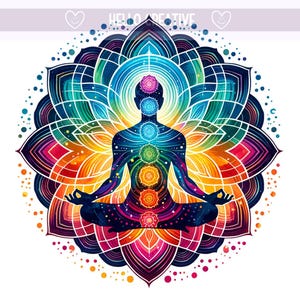 May include: A colourful mandala with a person sitting in a lotus position with their arms raised in a meditative pose. The person has seven chakras represented by coloured circles along their spine. The mandala is a symbol of spiritual growth and enlightenment.