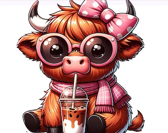 Coffee Highland Cow Png, Heifer Cow, Coffee PNG, Iced Coffee PNG, Cute Highland Cow Clipart, Sublimation Design, PNG Digital Download