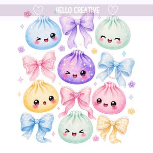 May include: A collection of digital stickers featuring pastel-coloured dumplings with smiling faces and various decorative bows. The dumplings are blue, green, purple, yellow, and pink. The bows include lace, pearls, and gingham patterns. Text reads HELLO CREATIVE.