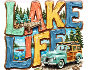 Lake Life PNG, Rustic Cabin Forest Sunset, Forest Life, Camping Png, Trending Digital Download, Sublimation Design, PNG Digital Download