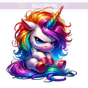 Imágenes prediseñadas de unicornio gruñón, imágenes prediseñadas de unicornio arcoíris, unicornio enojado PNG, unicornio mágico, diseño de sublimación, descarga digital PNG