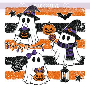 Peut inclure: Une illustration numérique montrant trois fantômes blancs sur un fond de rayures horizontales orange et noires usées. Le texte HELLO CREATIVE figure en haut. Les éléments incluent un chapeau de sorcière, une citrouille, une chauve-souris.