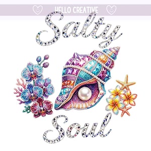 Alma salada PNG, Concha marina con diamantes de imitación de verano PNG, Mosaico de cristal brillante con forma de concha de sirena costera, Diseño de sublimación, Descarga digital PNG