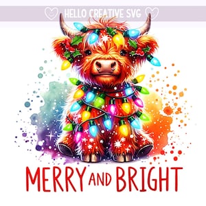 Joyeux et lumineux PNG, Noël PNG, Noël vache Highland, vache Highland PNG, lumières de Noël, Design par sublimation, téléchargement numérique PNG