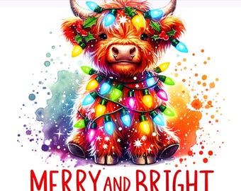 Merry and Bright Png, Christmas PNG, Christmas Highland Cow, Highland Cow PNG, Christmas lights, Sublimation Design, PNG Digital Download