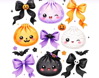 Halloween Dumpling PNG, Kawaii Spooky Dumpling Clipart, Holiday Dumpling PNG, Preppy Bow Halloween Dumpling, PNG Digital Download