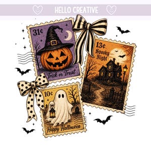 Halloween Stamp PNG, Vintage Halloween, Spooky Ghost Pumpkin, Halloween Ghost, Halloween Witch, Bow, Sublimation Design (Digital Download)
