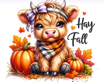 Cute Highland Cow PNG, Hay Fall Png Clipart, Highland Cow Halloween, Halloween Cow, Heifer png, Sublimation Design, PNG Digital Download